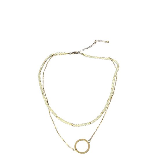 Dainty 2 Strand Necklace Goldtone Chain Circle White Faceted Glass Beads 16-19in - Picture 1 of 2